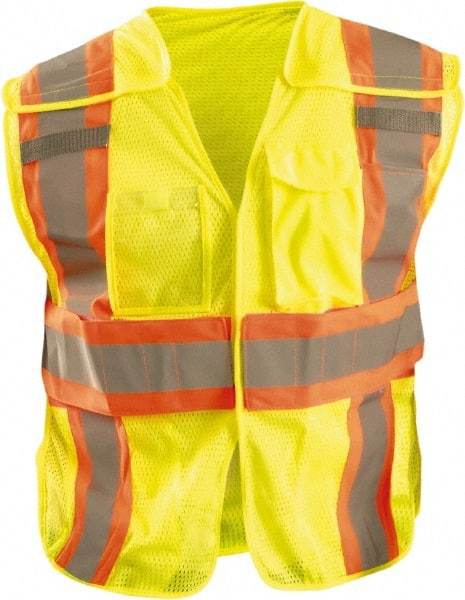 OccuNomix - Size L High Visibility Yellow Mesh Expandable Vest - 44 to 46" Chest, ANSI 107-2015, Hook & Loop Closure, 3 Pockets, Polyester - USA Tool & Supply