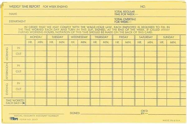 TOPS - 29/32" High x 6-51/64" Wide Weekly Time Cards - Use with Manual Time Record - USA Tool & Supply