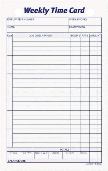 TOPS - 1" High x 4-19/64" Wide Weekly Time Cards - Use with Manual Time Record - USA Tool & Supply