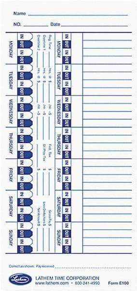 Lathem Time - 1-1/4" High x 4" Wide Weekly Time Cards - Use with Lathem E Series Time Recorders - USA Tool & Supply