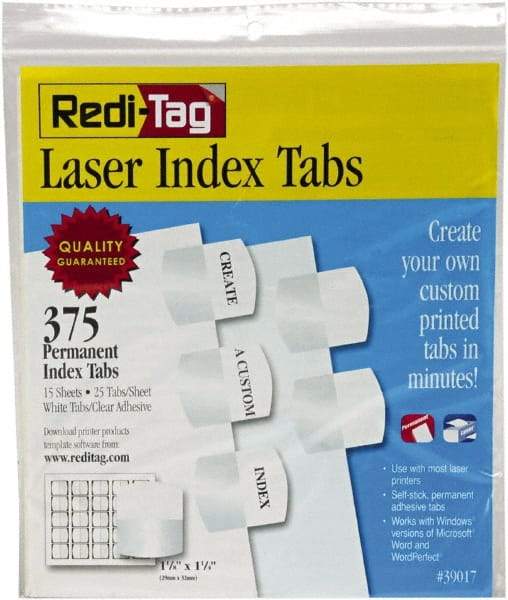 Redi-Tag - 1-1/8 x 1-1/4" 375 Tabs, Self-Adhesive, Self-Adhesive File Folder Tabs - White - USA Tool & Supply