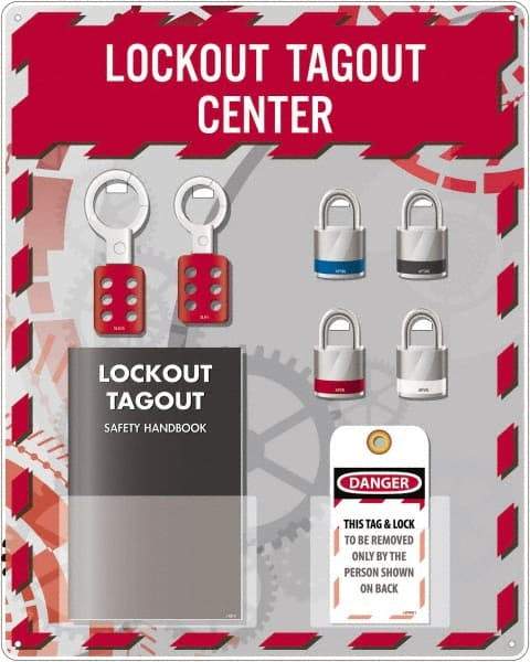 NMC - Equipped Acrylic Tag & Padlock/Hasp Station - 16" Wide x 20" High x 4" Deep, Red, White, Blue, Black - USA Tool & Supply