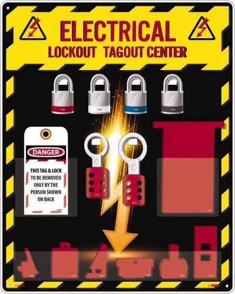NMC - Equipped Acrylic Electrical Lockout Station - 16" Wide x 20" High x 4" Deep, Red, White, Blue, Black - USA Tool & Supply
