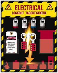 NMC - Equipped Acrylic Electrical Lockout Station - 16" Wide x 20" High x 4" Deep, Red, White, Blue, Black - USA Tool & Supply