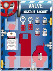 NMC - Equipped Acrylic Valve Lockout Station - 18" Wide x 24" High x 4" Deep, Red, White, Blue, Black - USA Tool & Supply