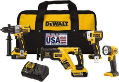 DeWALT - 20 Volt Cordless Tool Combination Kit - Includes 1/2" Brushless Hammerdrill, Brushless 1/4" Impact Driver, Brushless Reciprocating Saw & LED Worklight, Lithium-Ion Battery Included - USA Tool & Supply