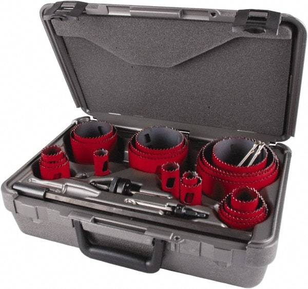 M.K. MORSE - 25 Piece, 3/4" to 4-3/4" Saw Diam, Contractor's Hole Saw Kit - Bi-Metal, Toothed Edge, Pilot Drill Model No. MAPD301, Includes 5 Hole Saws - USA Tool & Supply