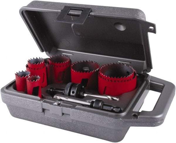 M.K. MORSE - 11 Piece, 3/4" to 2-1/2" Saw Diam, General Purpose Hole Saw Kit - Bi-Metal, Toothed Edge, Pilot Drill Model No. MAPD301, Includes 3 Hole Saws - USA Tool & Supply