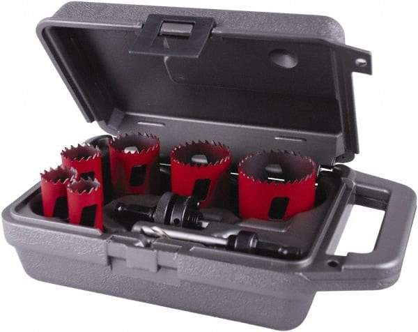 M.K. MORSE - 8 Piece, 3/4" to 2-1/4" Saw Diam, Plumber's Hole Saw Kit - Bi-Metal, Toothed Edge, Pilot Drill Model No. MAPD301, Includes 2 Hole Saws - USA Tool & Supply