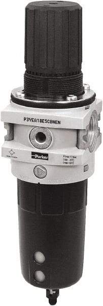 Parker - 3/4" NPT Port Heavy-Duty 1 Piece Filter/Regulator FRL Unit - Polypropylene Bowl, 335 SCFM, 254 Max psi, 13-1/2" High, Manual Drain - USA Tool & Supply