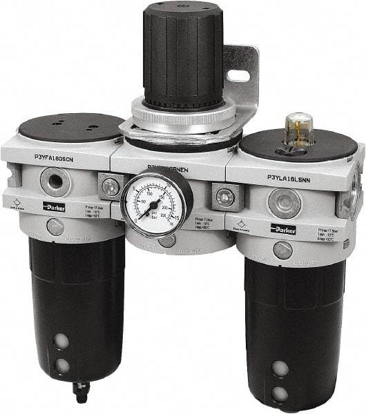Parker - 1" NPT Port Heavy-Duty 3 Piece Filter-Regulator-Lubricator FRL Unit - Polypropylene Bowl, 170 SCFM, 254 Max psi, 13-1/2" High, Automatic Drain - USA Tool & Supply