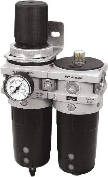 Parker - 1" NPT Port Heavy-Duty 2 Piece Filter/Regulator-Lubricator FRL Unit - Polypropylene Bowl, 340 SCFM, 254 Max psi, 13-1/2" High, Automatic Drain - USA Tool & Supply