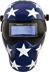 Save Phace - 4-1/4" Window Width x 2" Window Height, 4, 9 to 13 Shade Auto-Darkening Lens, Fixed Front Welding Helmet - Red/White/Blue, Nylon Green Lens - USA Tool & Supply