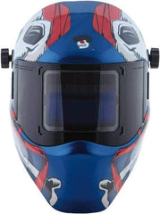 Save Phace - 3.82" Window Width x 1.85" Window Height, 4, 9 to 13 Shade Auto-Darkening Lens, Fixed Front Welding Helmet - Red/White/Blue, Nylon Green Lens - USA Tool & Supply