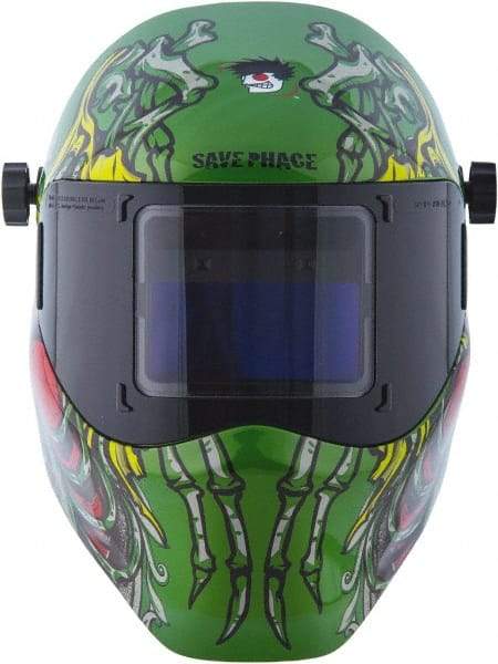 Save Phace - 3.82" Window Width x 1.85" Window Height, 4, 9 to 13 Shade Auto-Darkening Lens, Fixed Front Welding Helmet - Green/Blue/Yellow/Red, Nylon Green Lens - USA Tool & Supply