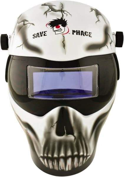 Save Phace - 3.62" Window Width x 1.42" Window Height, 3 to 10 Shade Auto-Darkening Lens, Fixed Front Welding Helmet - Black/White/Gray, Nylon Green Lens - USA Tool & Supply