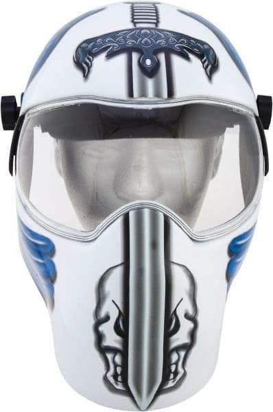 Save Phace - 11" Window Width x 3-3/4" Window Height, 10 Shade Fixed Shade Lens, Fixed Front Welding Helmet - White/Blue/Grey, Nylon Green Lens - USA Tool & Supply