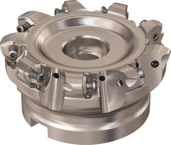 Seco - 9 Inserts, 85.6mm Cutter Diam, 1.8mm Max Depth of Cut, Indexable High-Feed Face Mill - 32mm Arbor Hole Diam, 14.4mm Keyway Width, 50mm High, R220.21 Toolholder, 218.21-230 Inserts, Series High Feed 6 - USA Tool & Supply