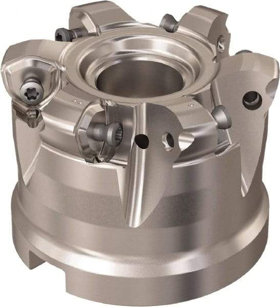 Seco - 6 Inserts, 51.3mm Cutter Diam, 1.8mm Max Depth of Cut, Indexable High-Feed Face Mill - 27mm Arbor Hole Diam, 12.4mm Keyway Width, 50mm High, R220.21 Toolholder, 218.21-230 Inserts, Series High Feed 6 - USA Tool & Supply