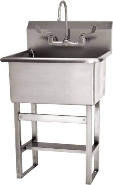 SANI-LAV - 22" Long x 16" Wide Inside, 1 Compartment, Grade 304 Stainless Steel Hand Sink Floor Mount Manual Faucet - 14 Gauge, 25" Long x 19-1/2" Wide x 46-1/2" High Outside, 10-1/2" Deep - USA Tool & Supply