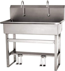 SANI-LAV - 37" Long x 16-1/2" Wide Inside, 1 Compartment, Grade 304 Stainless Steel (3) Person Wash-Station with Double Foot Valves - 16 Gauge, 40" Long x 20" Wide x 45" High Outside, 8" Deep - USA Tool & Supply