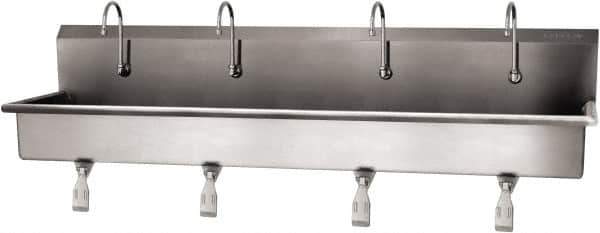 SANI-LAV - 77" Long x 16-1/2" Wide Inside, 1 Compartment, Grade 304 Stainless Steel (4) Person Wash-Station with Single Foot Valves - 16 Gauge, 80" Long x 20" Wide x 18" High Outside, 8" Deep - USA Tool & Supply