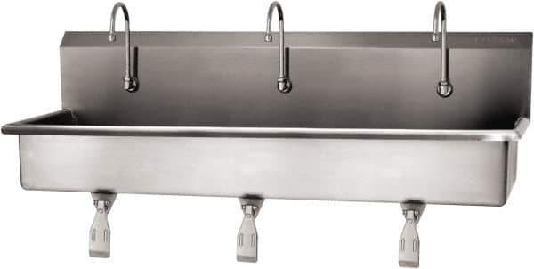 SANI-LAV - 57" Long x 16-1/2" Wide Inside, 1 Compartment, Grade 304 Stainless Steel (3) Person Wash-Station with Single Foot Valves - 16 Gauge, 60" Long x 20" Wide x 18" High Outside, 8" Deep - USA Tool & Supply