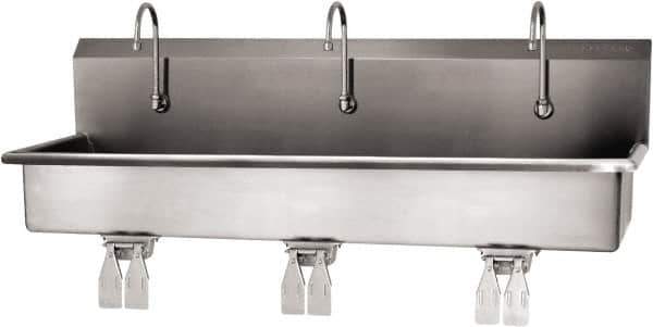 SANI-LAV - 57" Long x 16-1/2" Wide Inside, 1 Compartment, Grade 304 Stainless Steel (3) Person Wash-Station with Double Foot Valves - 16 Gauge, 60" Long x 20" Wide x 18" High Outside, 8" Deep - USA Tool & Supply