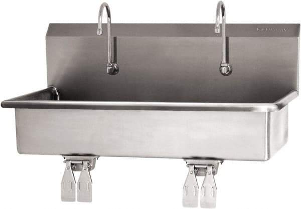 SANI-LAV - 37" Long x 16-1/2" Wide Inside, 1 Compartment, Grade 304 Stainless Steel (2) Person Wash-Station with Double Foot Valves - 16 Gauge, 40" Long x 20" Wide x 18" High Outside, 8" Deep - USA Tool & Supply