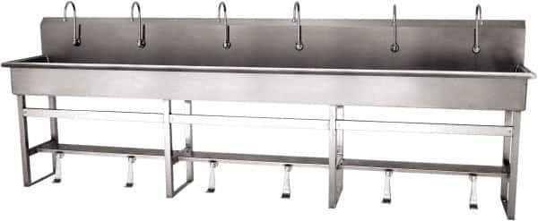 SANI-LAV - 117" Long x 16-1/2" Wide Inside, 1 Compartment, Grade 304 Stainless Steel (6) Person Wash-Station with Single Foot Valves - 16 Gauge, 120" Long x 20" Wide x 45" High Outside, 8" Deep - USA Tool & Supply