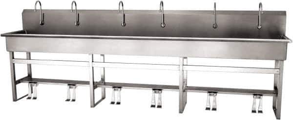 SANI-LAV - 117" Long x 16-1/2" Wide Inside, 1 Compartment, Grade 304 Stainless Steel (6) Person Wash-Station with Double Foot Valves - 16 Gauge, 120" Long x 20" Wide x 45" High Outside, 8" Deep - USA Tool & Supply