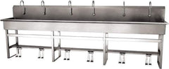 SANI-LAV - 117" Long x 16-1/2" Wide Inside, 1 Compartment, Grade 304 Stainless Steel (6) Person Wash-Station with Double Foot Valves - 16 Gauge, 120" Long x 20" Wide x 45" High Outside, 8" Deep - USA Tool & Supply