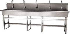 SANI-LAV - 97" Long x 16-1/2" Wide Inside, 1 Compartment, Grade 304 Stainless Steel (5) Person Wash-Station with Electronic Faucet - 16 Gauge, 100" Long x 20" Wide x 45" High Outside, 8" Deep - USA Tool & Supply