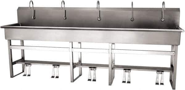 SANI-LAV - 97" Long x 16-1/2" Wide Inside, 1 Compartment, Grade 304 Stainless Steel (5) Person Wash-Station with Double Foot Valves - 16 Gauge, 100" Long x 20" Wide x 45" High Outside, 8" Deep - USA Tool & Supply