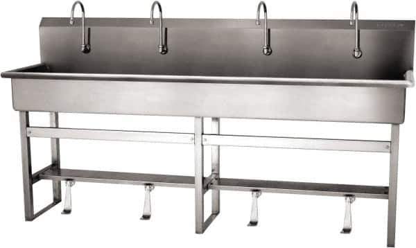 SANI-LAV - 77" Long x 16-1/2" Wide Inside, 1 Compartment, Grade 304 Stainless Steel (5) Person Wash-Station with Single Foot Valves - 16 Gauge, 80" Long x 20" Wide x 45" High Outside, 8" Deep - USA Tool & Supply