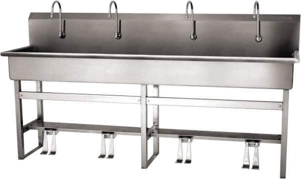 SANI-LAV - 77" Long x 16-1/2" Wide Inside, 1 Compartment, Grade 304 Stainless Steel (5) Person Wash-Station with Double Foot Valves - 16 Gauge, 80" Long x 20" Wide x 45" High Outside, 8" Deep - USA Tool & Supply