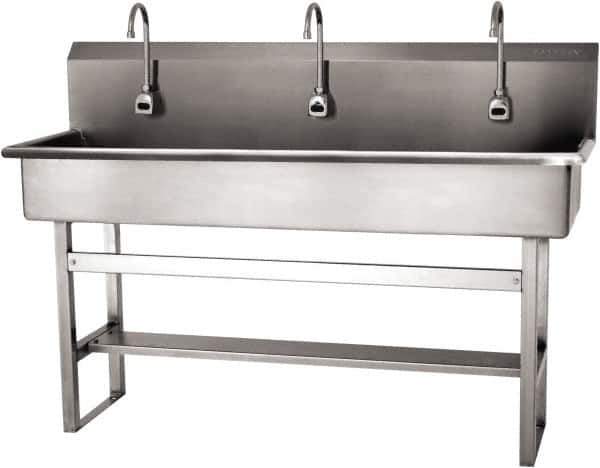 SANI-LAV - 57" Long x 16-1/2" Wide Inside, 1 Compartment, Grade 304 Stainless Steel (4) Person Wash-Station with Electronic Faucet - 16 Gauge, 60" Long x 20" Wide x 45" High Outside, 8" Deep - USA Tool & Supply