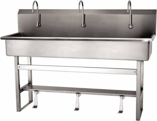 SANI-LAV - 57" Long x 16-1/2" Wide Inside, 1 Compartment, Grade 304 Stainless Steel (4) Person Wash-Station with Single Foot Valves - 16 Gauge, 60" Long x 20" Wide x 45" High Outside, 8" Deep - USA Tool & Supply