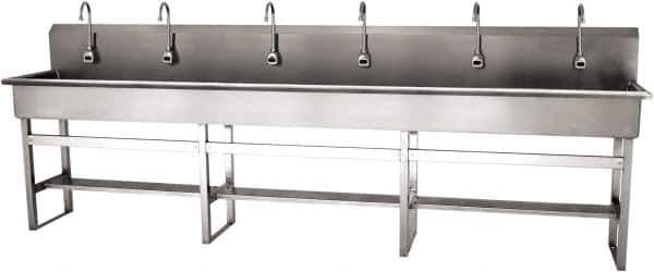 SANI-LAV - 117" Long x 16-1/2" Wide Inside, 1 Compartment, Grade 304 Stainless Steel (6) Person Wash-Station with Electronic Faucet - 16 Gauge, 120" Long x 20" Wide x 45" High Outside, 8" Deep - USA Tool & Supply