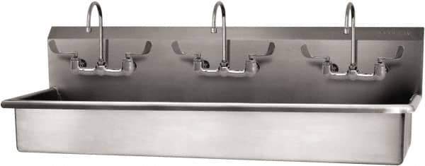 SANI-LAV - 57" Long x 16-1/2" Wide Inside, 1 Compartment, Grade 304 Stainless Steel (3) Person Wash-Station with Manual Faucet - 16 Gauge, 60" Long x 20" Wide x 18" High Outside, 8" Deep - USA Tool & Supply