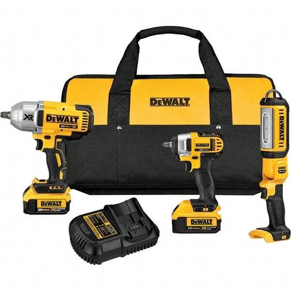 DeWALT - 20 Volt Cordless Tool Combination Kit - Includes 1/2" Impact Wrench, 3/8" Impact Wrench & Handheld Light, Lithium-Ion Battery Included - USA Tool & Supply