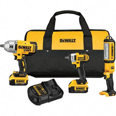 DeWALT - 20 Volt Cordless Tool Combination Kit - Includes 1/2" Impact Wrench, 3/8" Impact Wrench & Handheld Light, Lithium-Ion Battery Included - USA Tool & Supply