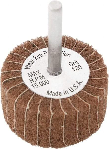 Camel Grinding Wheels - 2" Diam x 1" Face Width, Very Fine Aluminum Oxide Nonwoven Mounted Flap Wheel - 1/4" Shank Mount, 120 Grit, X Weighted Cloth Backing, 20,000 Max RPM - USA Tool & Supply