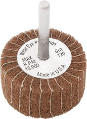Camel Grinding Wheels - 2" Diam x 1" Face Width, Very Fine Aluminum Oxide Nonwoven Mounted Flap Wheel - 1/4" Shank Mount, 120 Grit, X Weighted Cloth Backing, 20,000 Max RPM - USA Tool & Supply
