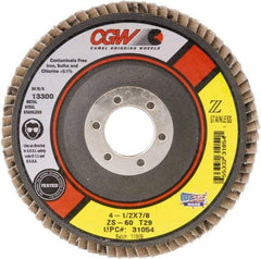 Camel Grinding Wheels - 80 Grit, 4-1/2" Disc Diam, 5/8-11 Center Hole, Type 27 Zirconia Alumina Flap Disc - 13,300 Max RPM, Polyester Backing, Arbor Attaching System, Coated - USA Tool & Supply