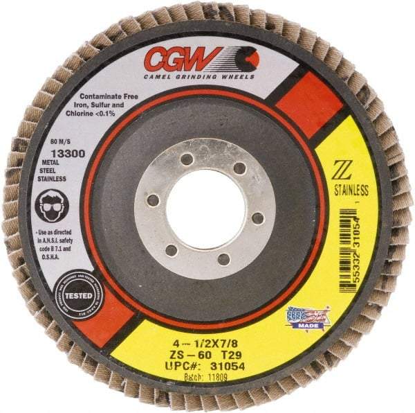 Camel Grinding Wheels - 40 Grit, 4-1/2" Disc Diam, 7/8" Center Hole, Type 29 Zirconia Alumina Flap Disc - 13,300 Max RPM, Polyester Backing, Arbor Attaching System, Coated - USA Tool & Supply