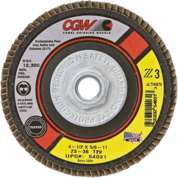 Camel Grinding Wheels - 36 Grit, 4-1/2" Disc Diam, 7/8" Center Hole, Type 27 Zirconia Alumina Flap Disc - 13,300 Max RPM, Poly Cotton Backing, Arbor Attaching System, Coated - USA Tool & Supply