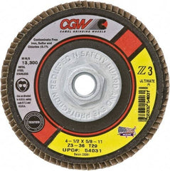 Camel Grinding Wheels - 36 Grit, 4-1/2" Disc Diam, 5/8-11 Center Hole, Type 27 Zirconia Alumina Flap Disc - 13,300 Max RPM, Poly Cotton Backing, Arbor Attaching System, Coated - USA Tool & Supply