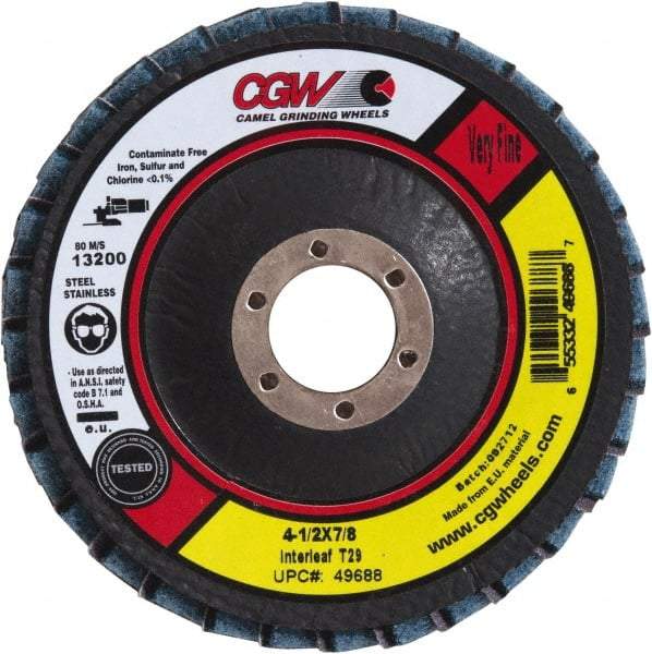 Camel Grinding Wheels - 180 Grit, 4-1/2" Disc Diam, 7/8" Center Hole, Type 29 Aluminum Oxide Flap Disc - 13,300 Max RPM, Poly Cotton Backing, Arbor Attaching System, Coated & Non-Woven Combo - USA Tool & Supply