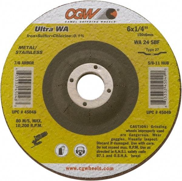 Camel Grinding Wheels - 24 Grit, 4-1/2" Wheel Diam, 1/4" Wheel Thickness, Type 27 Depressed Center Wheel - Coarse Grade, Aluminum Oxide, Resinoid Bond, 13,300 Max RPM - USA Tool & Supply